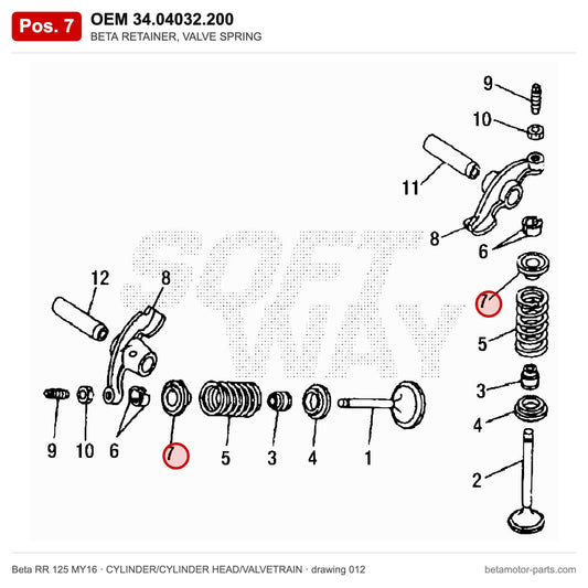 BETA RETAINER, VALVE SPRING – OEM 34.04032.200, position 7 on the Beta RR 125 MY16 cylinder/cylinder head/valvetrain drawing