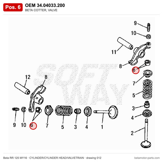 BETA COTTER, VALVE – OEM 34.04033.200, position 6 on the Beta RR 125 MY16 cylinder/cylinder head/valvetrain drawing