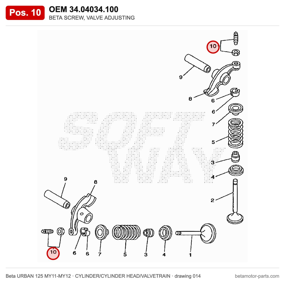 BETA SCREW, VALVE ADJUSTING – OEM 34.04034.100, position 10 on the Beta URBAN 125 MY11-MY12 cylinder/cylinder head/valvetrain drawing