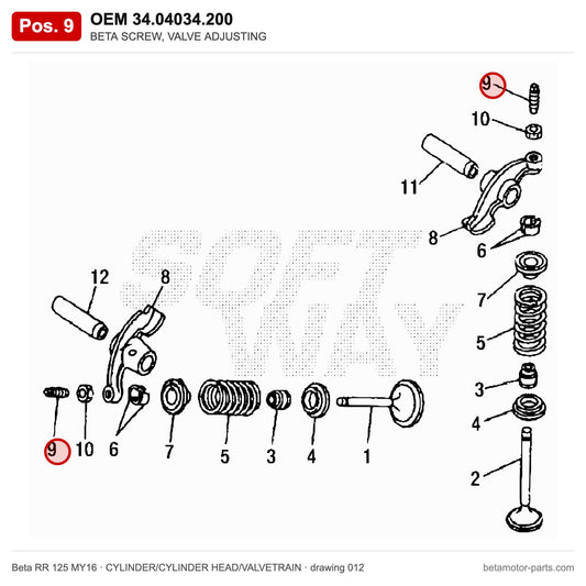 BETA SCREW, VALVE ADJUSTING – OEM 34.04034.200, position 9 on the Beta RR 125 MY16 cylinder/cylinder head/valvetrain drawing