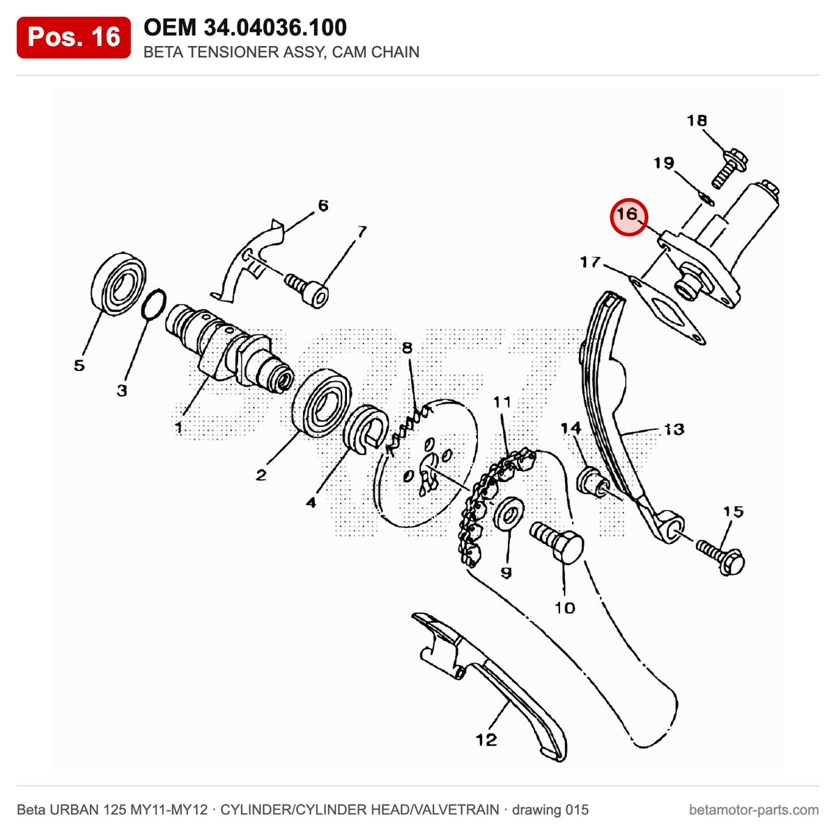 BETA TENSIONER ASSY, CAM CHAIN – OEM 34.04036.100, position 16 on the Beta URBAN 125 MY11-MY12 cylinder/cylinder head/valvetrain drawing