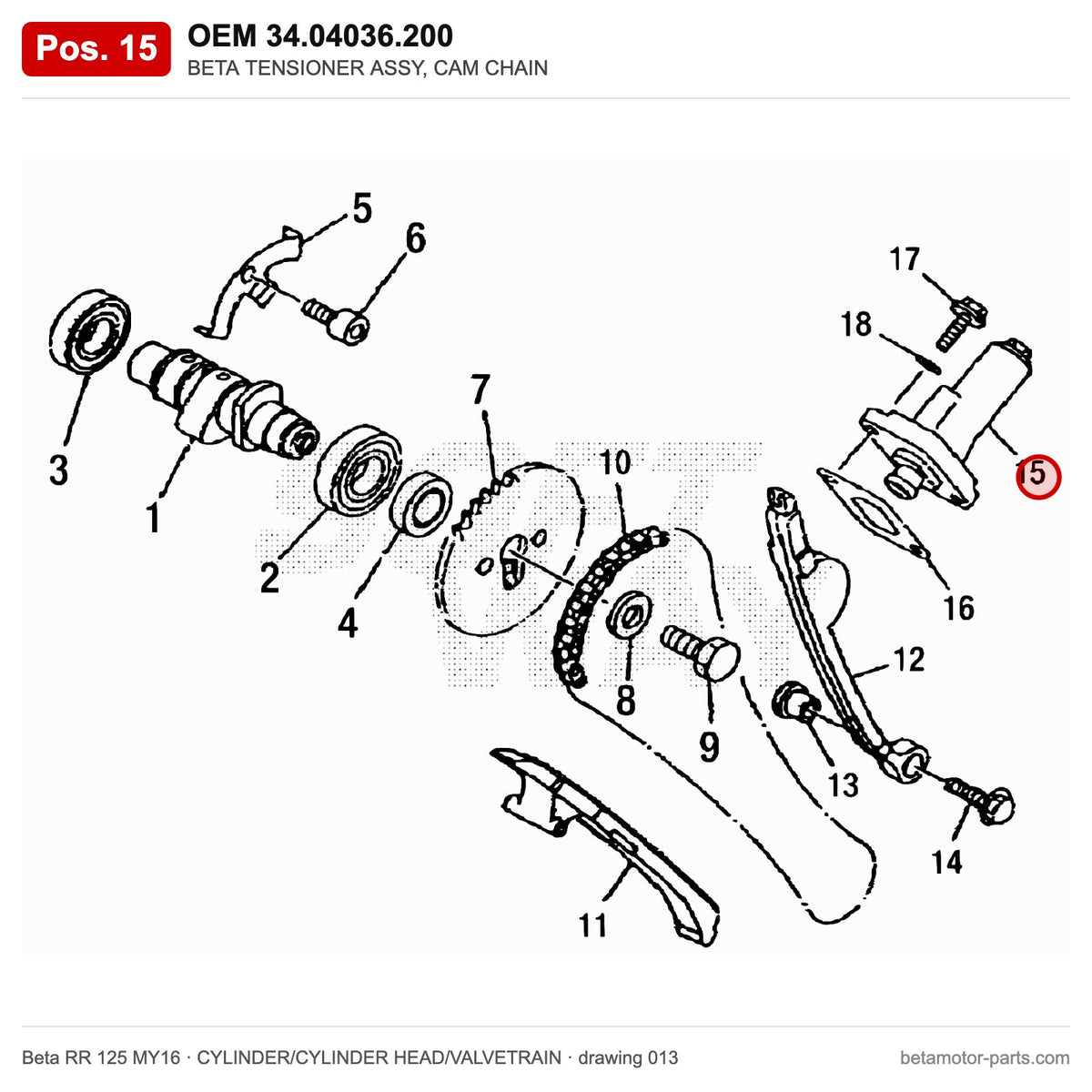 BETA TENSIONER ASSY, CAM CHAIN – OEM 34.04036.200, position 15 on the Beta RR 125 MY16 cylinder/cylinder head/valvetrain drawing