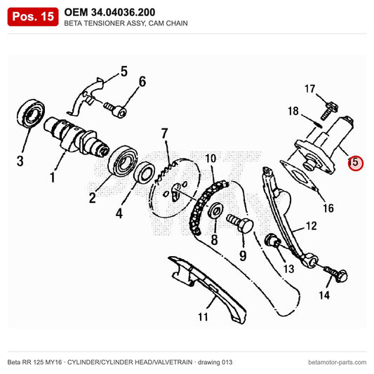 BETA TENSIONER ASSY, CAM CHAIN – OEM 34.04036.200, position 15 on the Beta RR 125 MY16 cylinder/cylinder head/valvetrain drawing