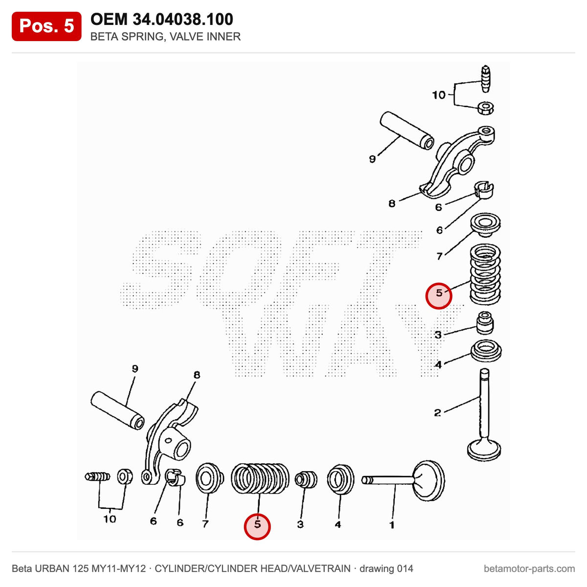 BETA SPRING, VALVE INNER – OEM 34.04038.100, position 5 on the Beta URBAN 125 MY11-MY12 cylinder/cylinder head/valvetrain drawing