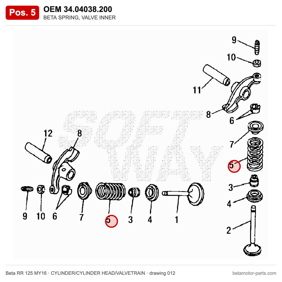 BETA SPRING, VALVE INNER – OEM 34.04038.200, position 5 on the Beta RR 125 MY16 cylinder/cylinder head/valvetrain drawing