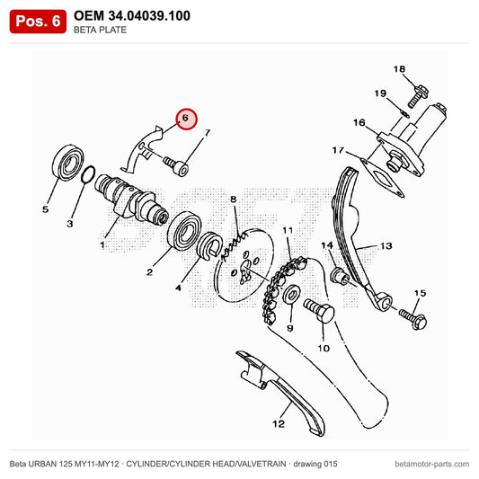 BETA PLATE – OEM 34.04039.100, position 6 on the Beta URBAN 125 MY11-MY12 cylinder/cylinder head/valvetrain drawing