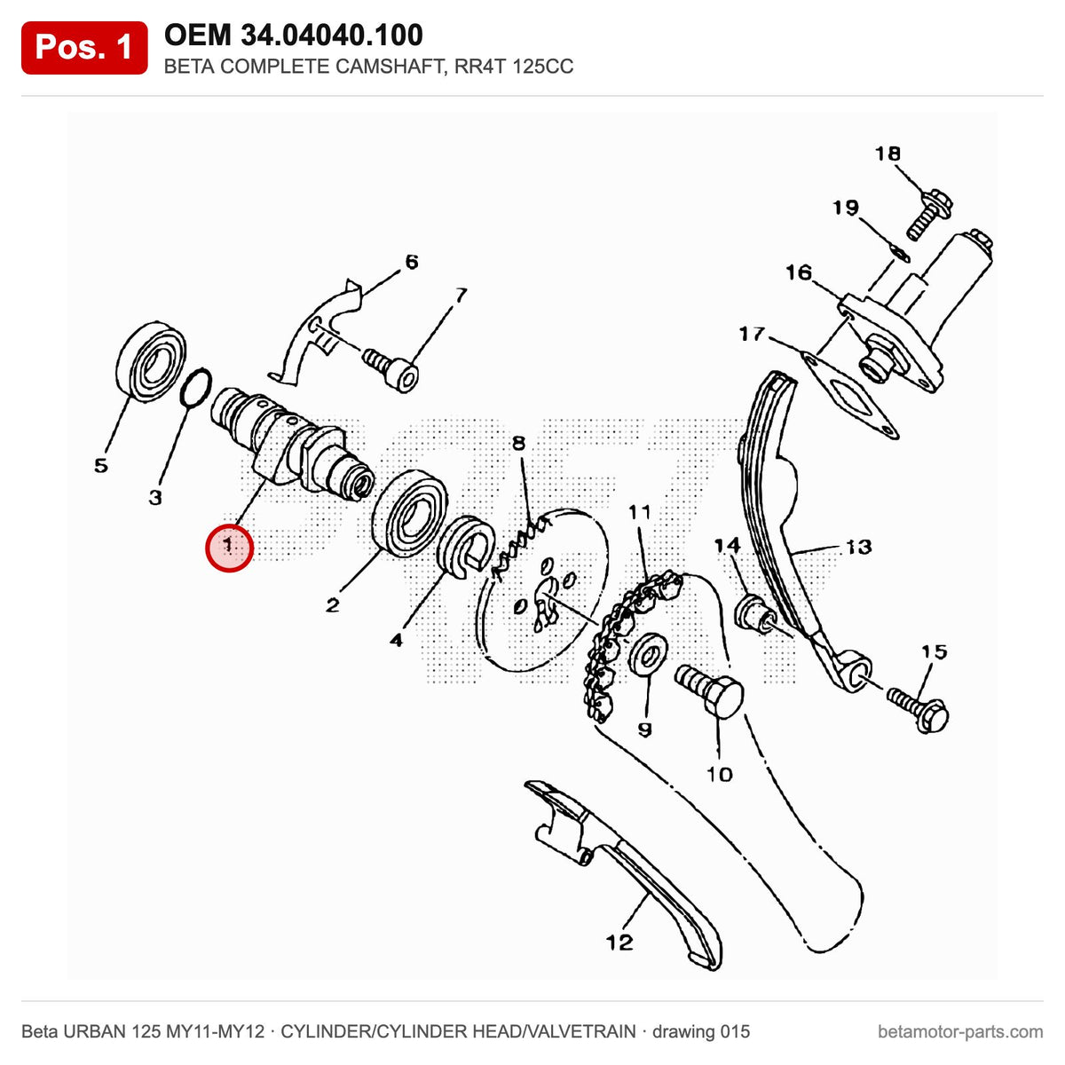 BETA COMPLETE CAMSHAFT, RR4T 125CC – OEM 34.04040.100, position 1 on the Beta URBAN 125 MY11-MY12 cylinder/cylinder head/valvetrain drawing