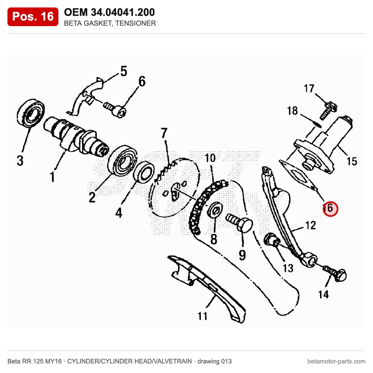 BETA GASKET, TENSIONER – OEM 34.04041.200, position 16 on the Beta RR 125 MY16 cylinder/cylinder head/valvetrain drawing