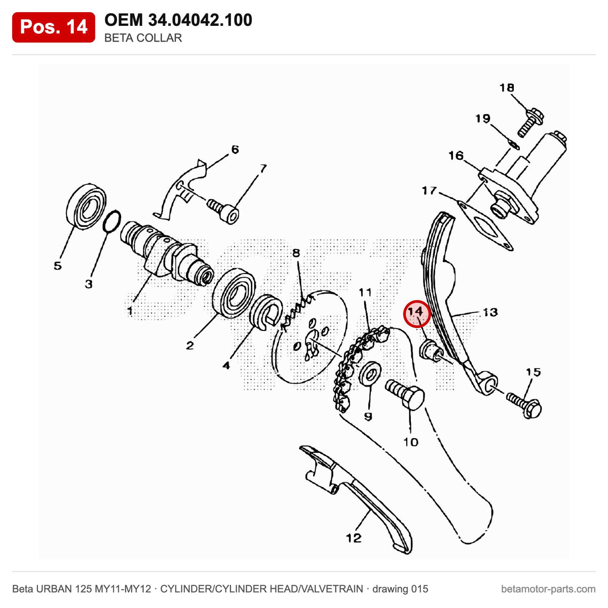 BETA COLLAR – OEM 34.04042.100, position 14 on the Beta URBAN 125 MY11-MY12 cylinder/cylinder head/valvetrain drawing