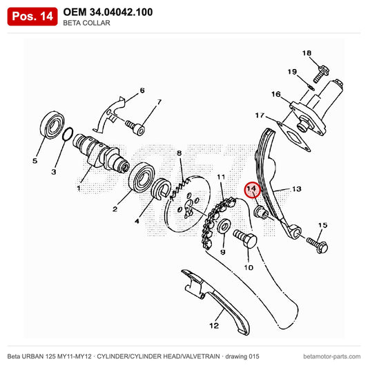 BETA COLLAR – OEM 34.04042.100, position 14 on the Beta URBAN 125 MY11-MY12 cylinder/cylinder head/valvetrain drawing