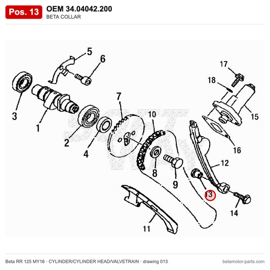 BETA COLLAR – OEM 34.04042.200, position 13 on the Beta RR 125 MY16 cylinder/cylinder head/valvetrain drawing