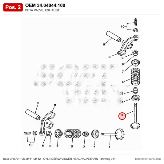 BETA VALVE, EXHAUST – OEM 34.04044.100, position 2 on the Beta URBAN 125 MY11-MY12 cylinder/cylinder head/valvetrain drawing