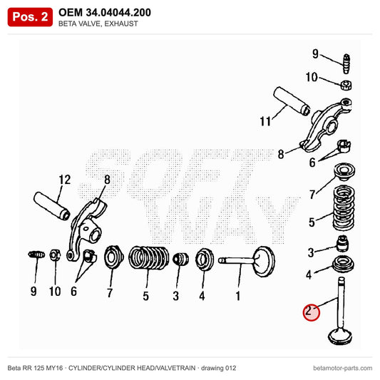 BETA VALVE, EXHAUST – OEM 34.04044.200, position 2 on the Beta RR 125 MY16 cylinder/cylinder head/valvetrain drawing