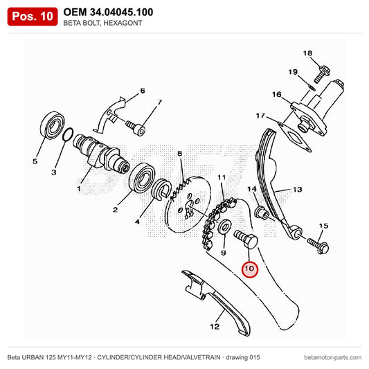BETA BOLT, HEXAGONT – OEM 34.04045.100, position 10 on the Beta URBAN 125 MY11-MY12 cylinder/cylinder head/valvetrain drawing