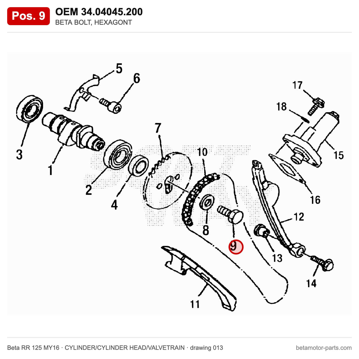 BETA BOLT, HEXAGONT – OEM 34.04045.200, position 9 on the Beta RR 125 MY16 cylinder/cylinder head/valvetrain drawing
