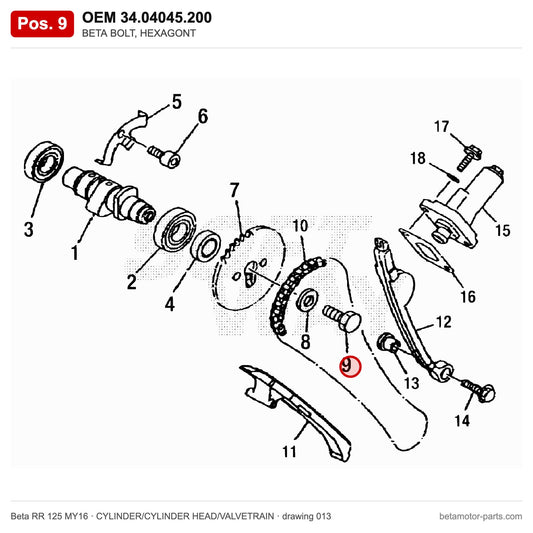 BETA BOLT, HEXAGONT – OEM 34.04045.200, position 9 on the Beta RR 125 MY16 cylinder/cylinder head/valvetrain drawing