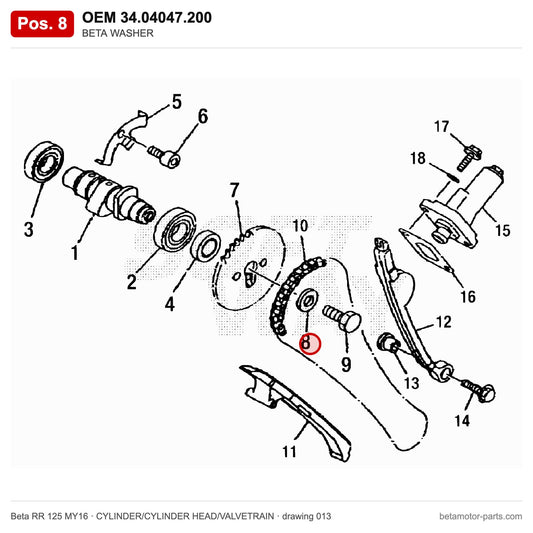 BETA WASHER – OEM 34.04047.200, position 8 on the Beta RR 125 MY16 cylinder/cylinder head/valvetrain drawing