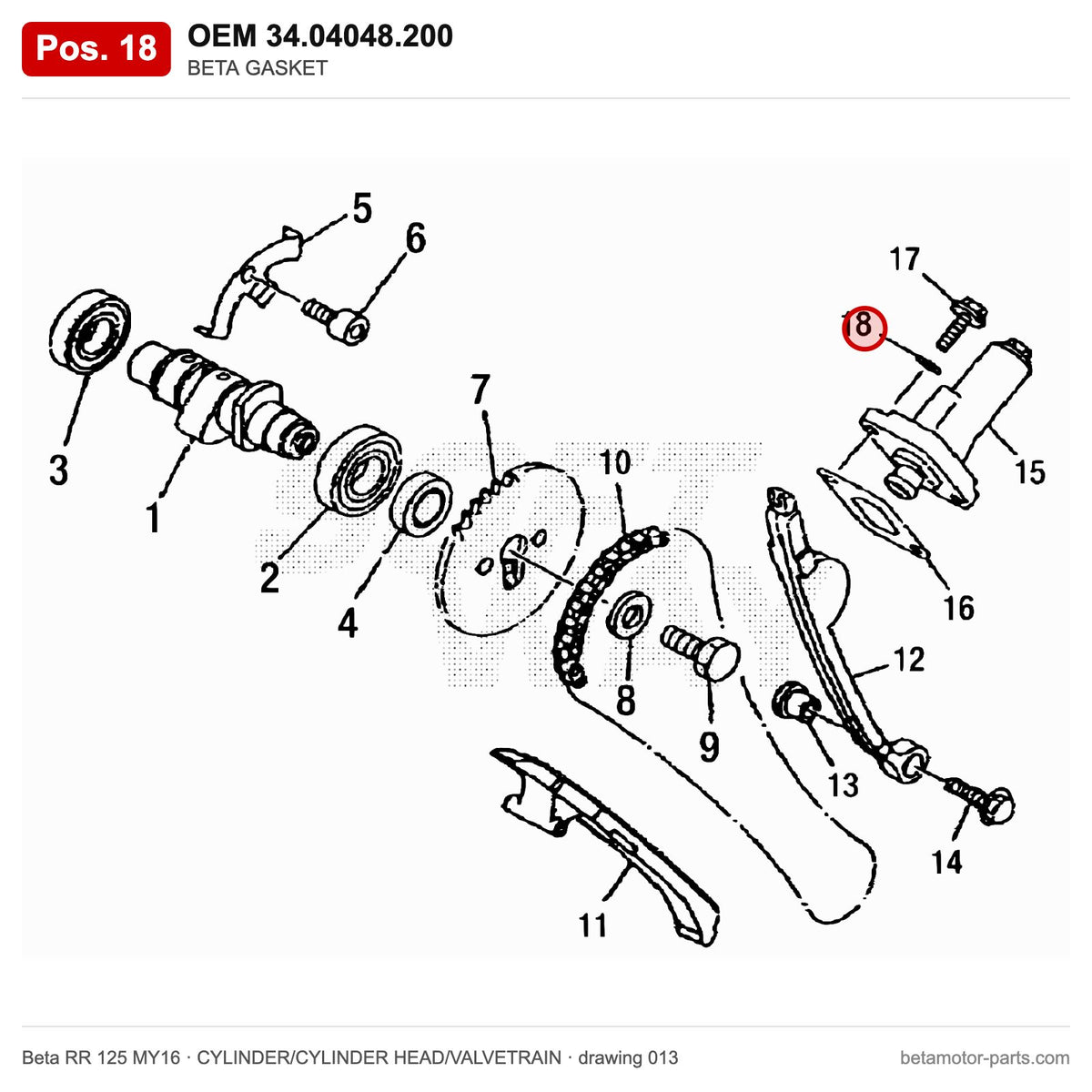 BETA GASKET – OEM 34.04048.200, position 18 on the Beta RR 125 MY16 cylinder/cylinder head/valvetrain drawing