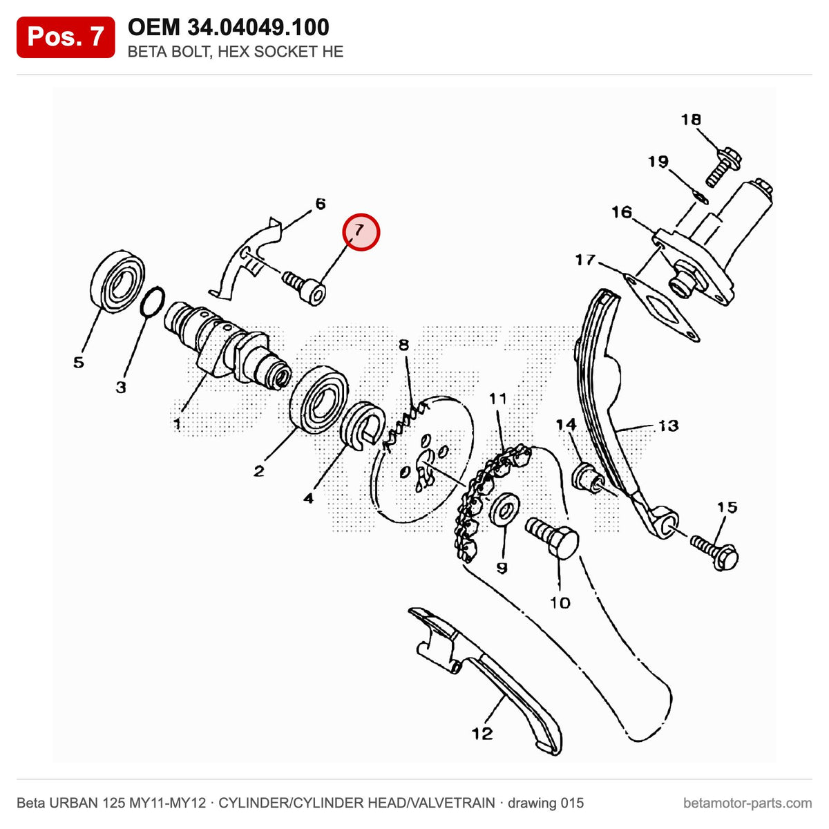 BETA BOLT, HEX SOCKET HE – OEM 34.04049.100, position 7 on the Beta URBAN 125 MY11-MY12 cylinder/cylinder head/valvetrain drawing