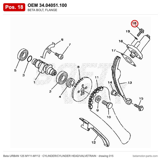 BETA BOLT, FLANGE – OEM 34.04051.100, position 18 on the Beta URBAN 125 MY11-MY12 cylinder/cylinder head/valvetrain drawing
