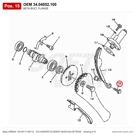 BETA BOLT, FLANGE – OEM 34.04052.100, position 15 on the Beta URBAN 125 MY11-MY12 cylinder/cylinder head/valvetrain drawing