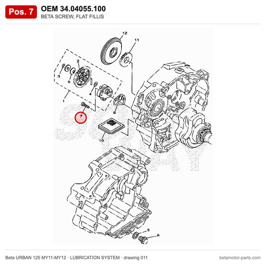 BETA SCREW, FLAT FILLIS – OEM 34.04055.100, position 7 on the Beta URBAN 125 MY11-MY12 lubrication system drawing