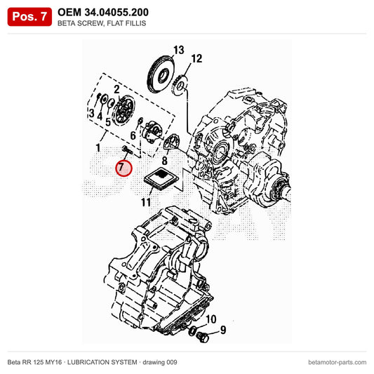 BETA SCREW, FLAT FILLIS – OEM 34.04055.200, position 7 on the Beta RR 125 MY16 lubrication system drawing