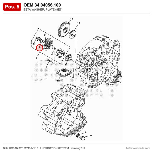 BETA WASHER, PLATE (8E7) – OEM 34.04056.100, position 5 on the Beta URBAN 125 MY11-MY12 lubrication system drawing