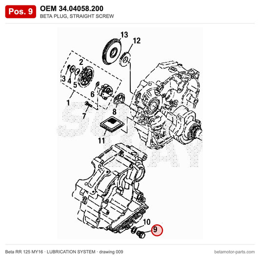 BETA PLUG, STRAIGHT SCREW – OEM 34.04058.200, position 9 on the Beta RR 125 MY16 lubrication system drawing