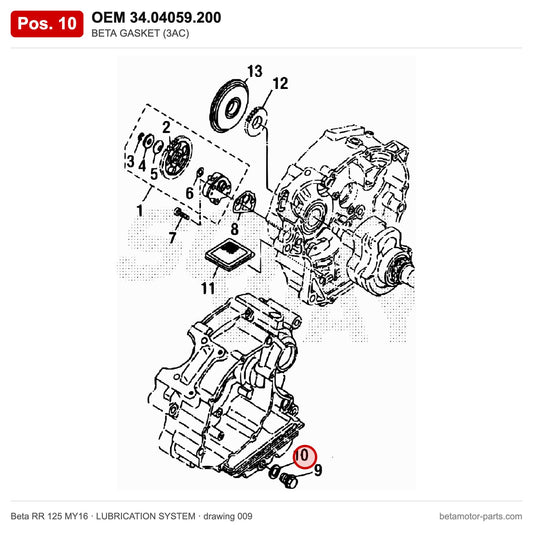 BETA GASKET (3AC) – OEM 34.04059.200, position 10 on the Beta RR 125 MY16 lubrication system drawing