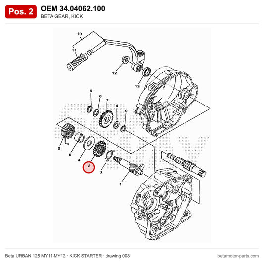 BETA GEAR, KICK – OEM 34.04062.100, position 2 on the Beta URBAN 125 MY11-MY12 kick starter drawing