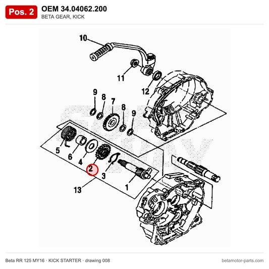 BETA GEAR, KICK – OEM 34.04062.200, position 2 on the Beta RR 125 MY16 kick starter drawing