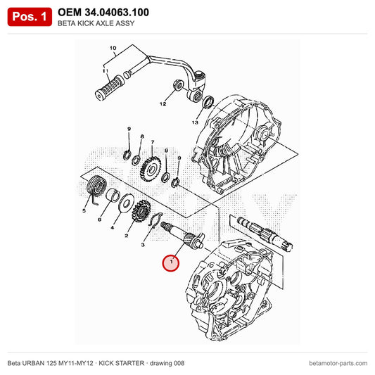 BETA KICK AXLE ASSY – OEM 34.04063.100, position 1 on the Beta URBAN 125 MY11-MY12 kick starter drawing