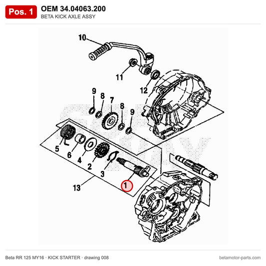 BETA KICK AXLE ASSY – OEM 34.04063.200, position 1 on the Beta RR 125 MY16 kick starter drawing