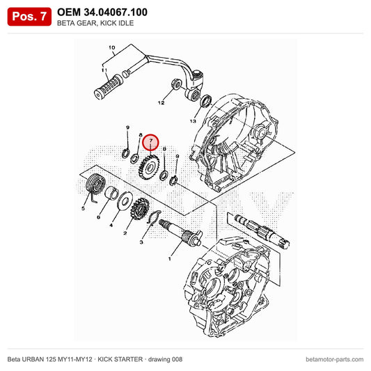 BETA GEAR, KICK IDLE – OEM 34.04067.100, position 7 on the Beta URBAN 125 MY11-MY12 kick starter drawing