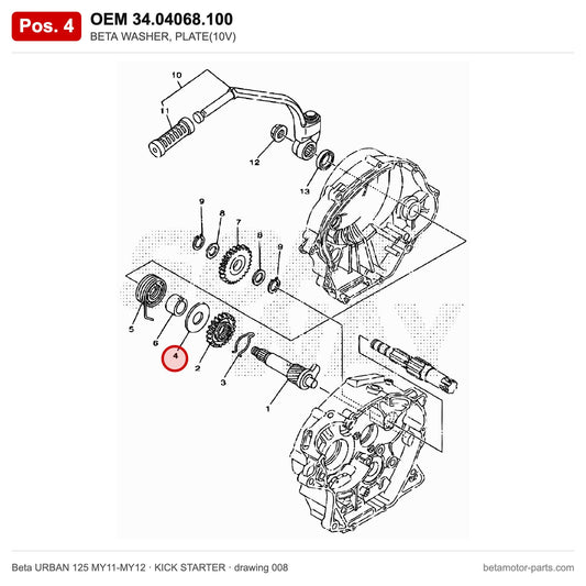 BETA WASHER, PLATE(10V) – OEM 34.04068.100, position 4 on the Beta URBAN 125 MY11-MY12 kick starter drawing