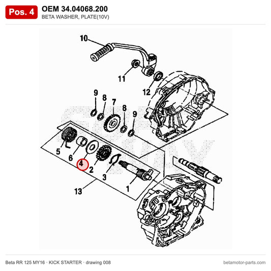 BETA WASHER, PLATE(10V) – OEM 34.04068.200, position 4 on the Beta RR 125 MY16 kick starter drawing