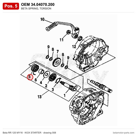 BETA SPRING, TORSION – OEM 34.04070.200, position 5 on the Beta RR 125 MY16 kick starter drawing