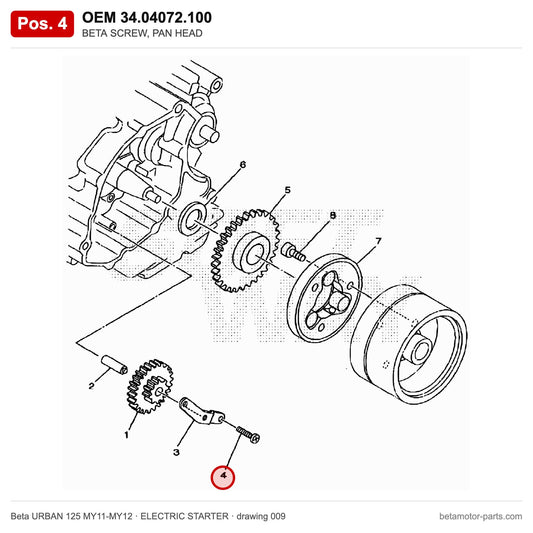 BETA SCREW, PAN HEAD – OEM 34.04072.100, position 4 on the Beta URBAN 125 MY11-MY12 elettricstarter drawing
