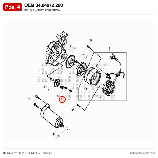 BETA SCREW, PAN HEAD – OEM 34.04072.200, position 4 on the Beta RR 125 MY16 ignition drawing