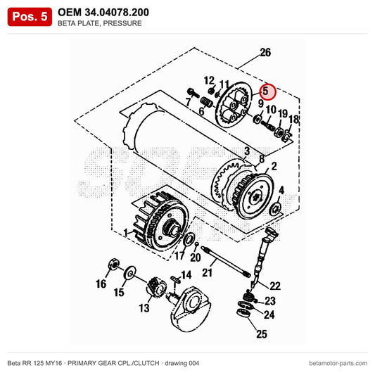 BETA PLATE, PRESSURE – OEM 34.04078.200, position 5 on the Beta RR 125 MY16 primary gear cpl./clutch drawing