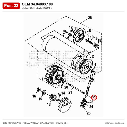 BETA PUSH LEVER COMP. – OEM 34.04083.100, position 22 on the Beta RR 125 MY16 primary gear cpl./clutch drawing