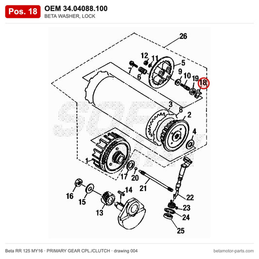 BETA WASHER, LOCK – OEM 34.04088.100, position 18 on the Beta RR 125 MY16 primary gear cpl./clutch drawing