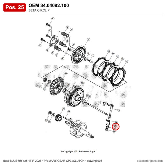 BETA CIRCLIP – OEM 34.04092.100, position 25 on the Beta BLUE RR 125 4T R 2026 primary gear cpl./clutch drawing