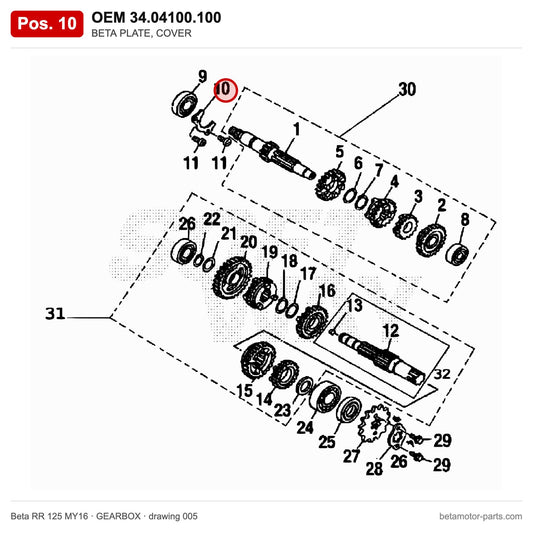 BETA PLATE, COVER – OEM 34.04100.100, position 10 on the Beta RR 125 MY16 gearbox drawing