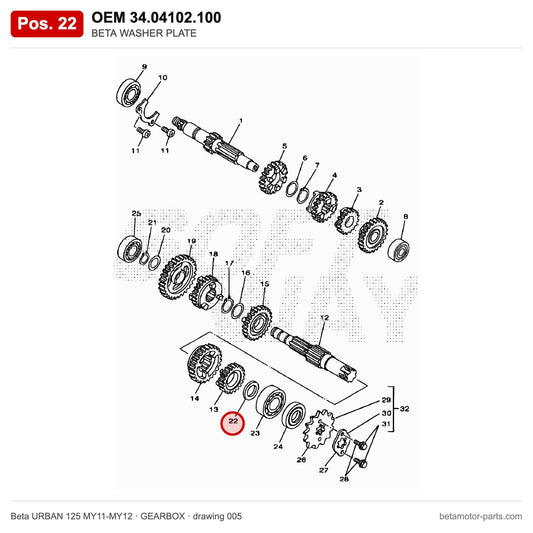 BETA WASHER PLATE – OEM 34.04102.100, position 22 on the Beta URBAN 125 MY11-MY12 gearbox drawing