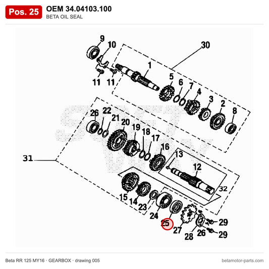 BETA OIL SEAL – OEM 34.04103.100, position 25 on the Beta RR 125 MY16 gearbox drawing