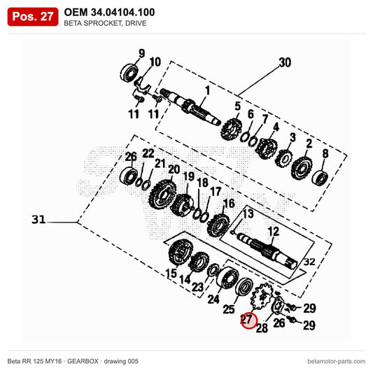 BETA SPROCKET, DRIVE – OEM 34.04104.100, position 27 on the Beta RR 125 MY16 gearbox drawing