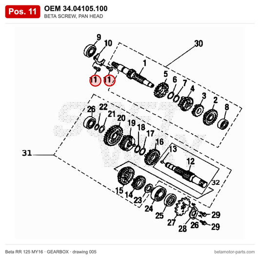 BETA SCREW, PAN HEAD – OEM 34.04105.100, position 11 on the Beta RR 125 MY16 gearbox drawing
