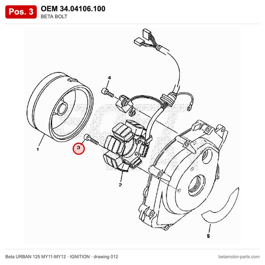 BETA BOLT – OEM 34.04106.100, position 3 on the Beta URBAN 125 MY11-MY12 ignition drawing